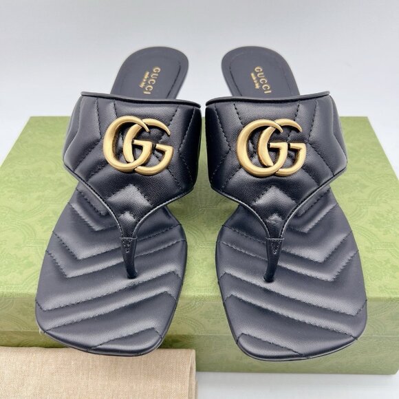 Gucci GG Marmont Chevron Black Kitten Heels Thong Sandals Leather EU 37.5 US 7.5 - Picture 5 of 12